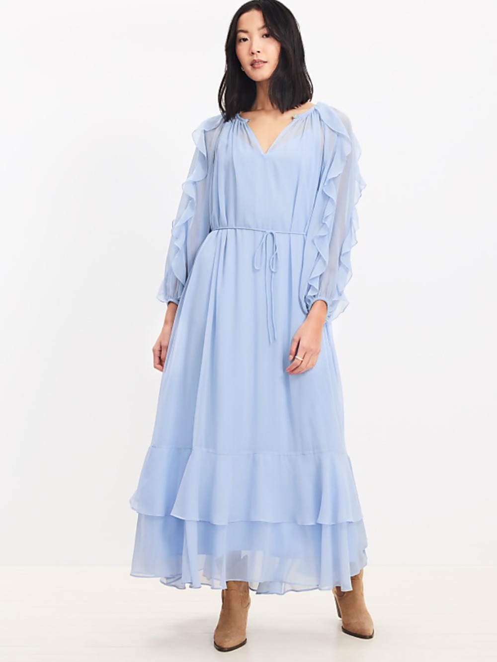 LOFT Blue Sheer Chiffon Ruffle Long Sleeve Maxi Dress MP Ethereal Flowy Romantic